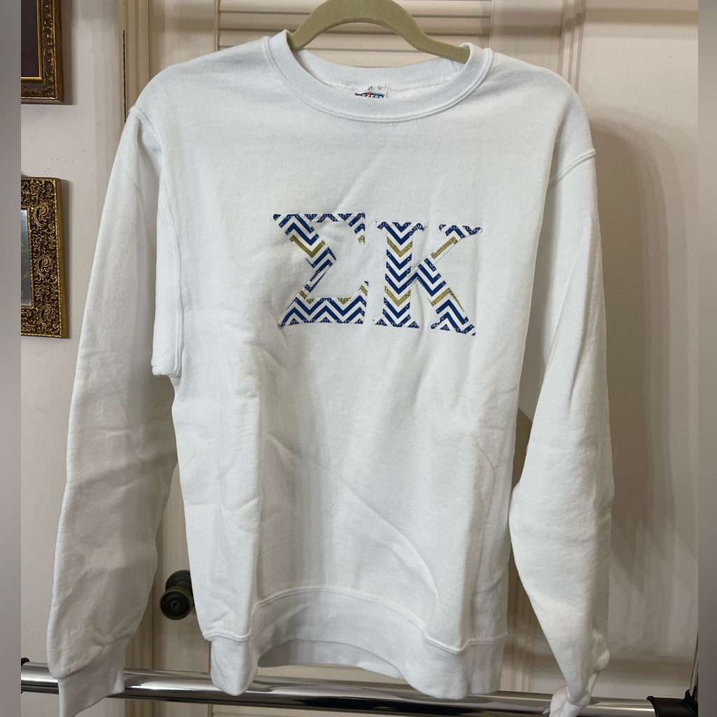 Sigma Kappa (Sk) Custom Embroidered Sweatshirt (White With Blue & Gold Pattern)
